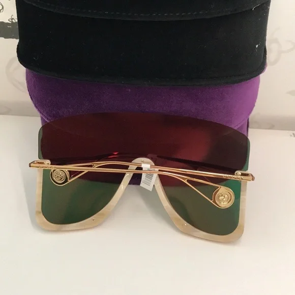 Gucci GG0540S 004 Beige Oversized Shield Sunglasses Orange Mirror - Picture 9 of 14